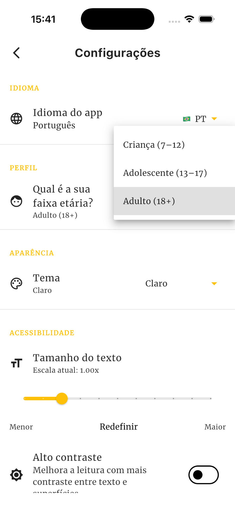 Configuração de faixa etária do Examen